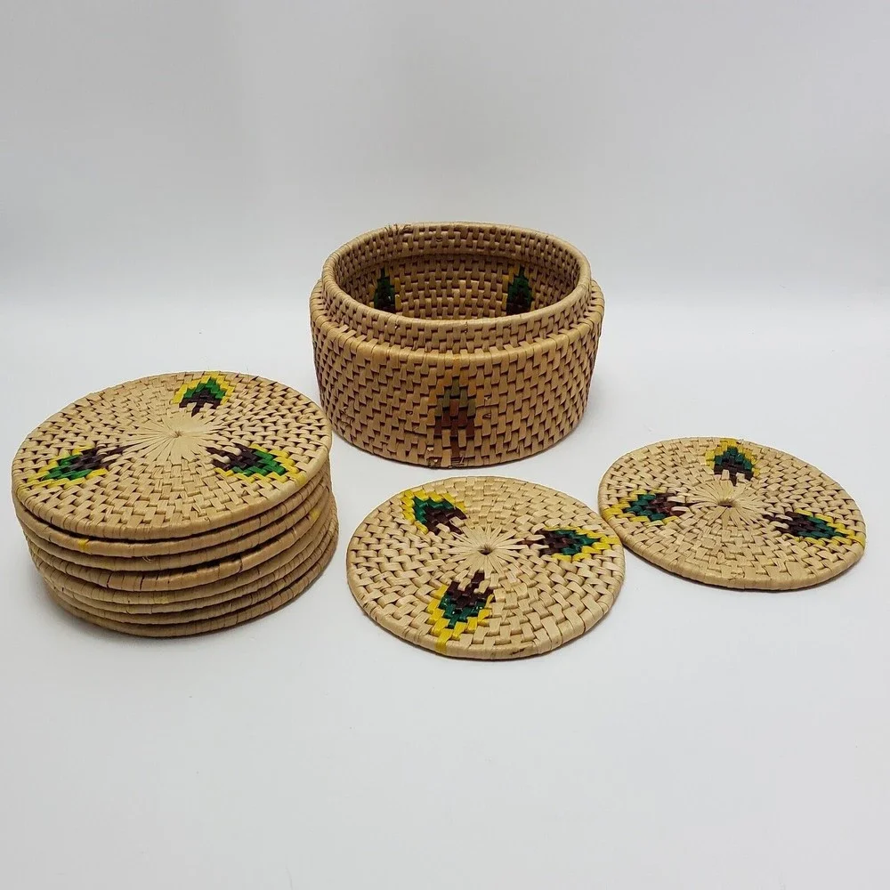 10 Woven Vintage Raffia Trivets Hot Plate Pads With Storage Container Boho